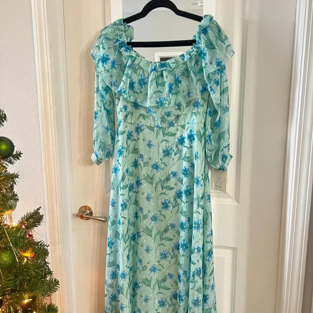 103 NWT Mikael Aghal Long Sleeve Floral Maxi Dress Size 6 Color Blue Green - Picture 2 of 7